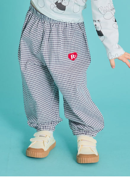 Floral Check Elastic-waist Pants